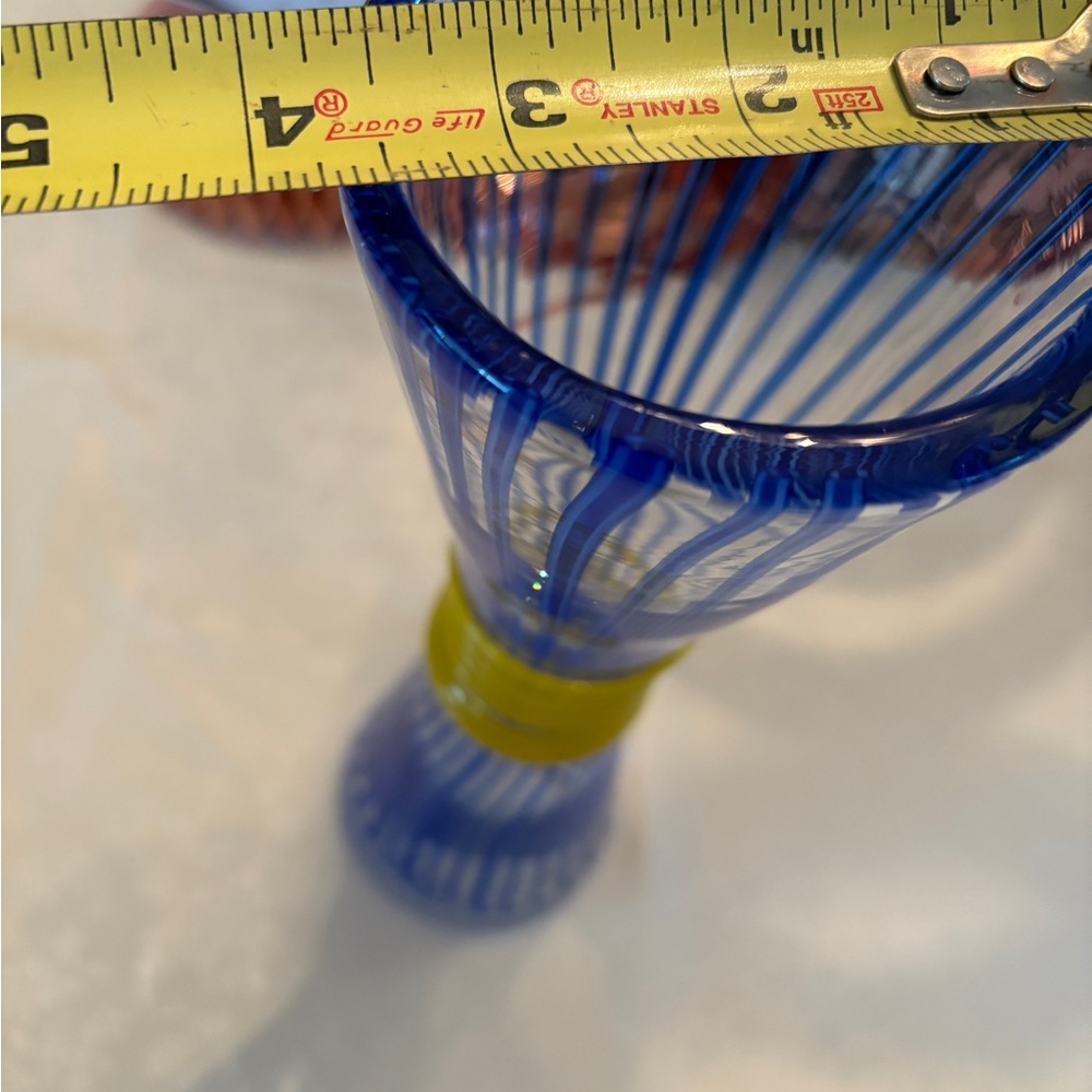 Striped Hand-Blown Glass Vase Blue, White & Yellow - Picture 8 of 8